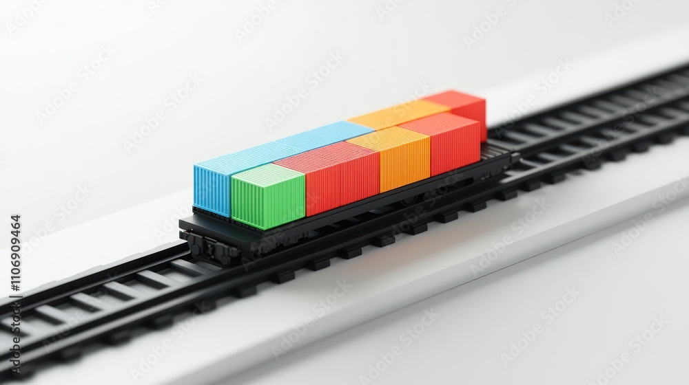 Poster a model train car carrying colorful stacked containers on a track.