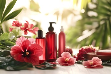 Hibiscus Beauty Products, Shampoo, Cosmetics, Oil, Mock-up Products, Generative AI