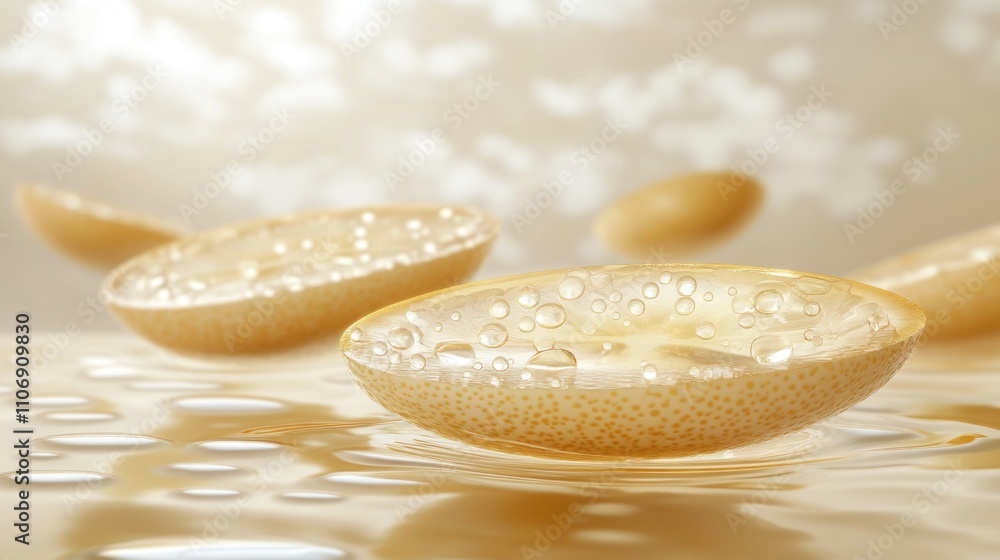 Poster a serene depiction of translucent, water-filled orbs with droplets, creating a calm atmosphere.