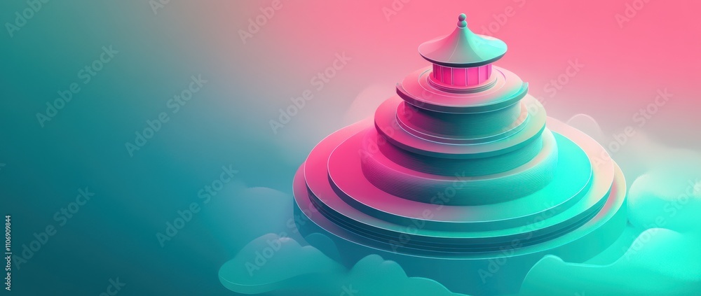 Poster a stylized pagoda structure rising above clouds with a vibrant gradient background.
