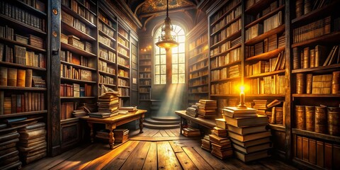 Enchanting Mystical Library with a Stack of Glowing Books Surrounded by Ancient Shelves and Ethereal Light