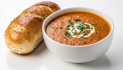 Healthy food tomato soup with cream and fresh bread roll