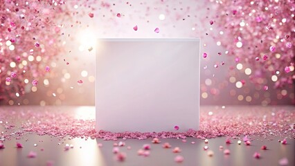 Blank Square Display Amidst Falling Pink Glitter and Light