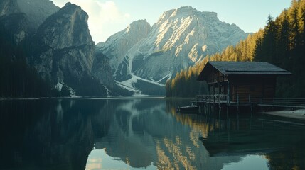 Fototapeta premium The serene waters of Lake Braies reflect the surrounding mountains and forests, creating a breathtaking, tranquil landscape in the heart of the Italian Alps.