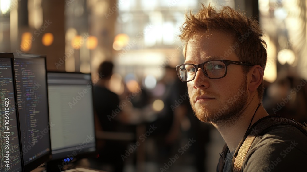 Aufkleber A focused individual working on coding in a modern workspace with multiple screens.