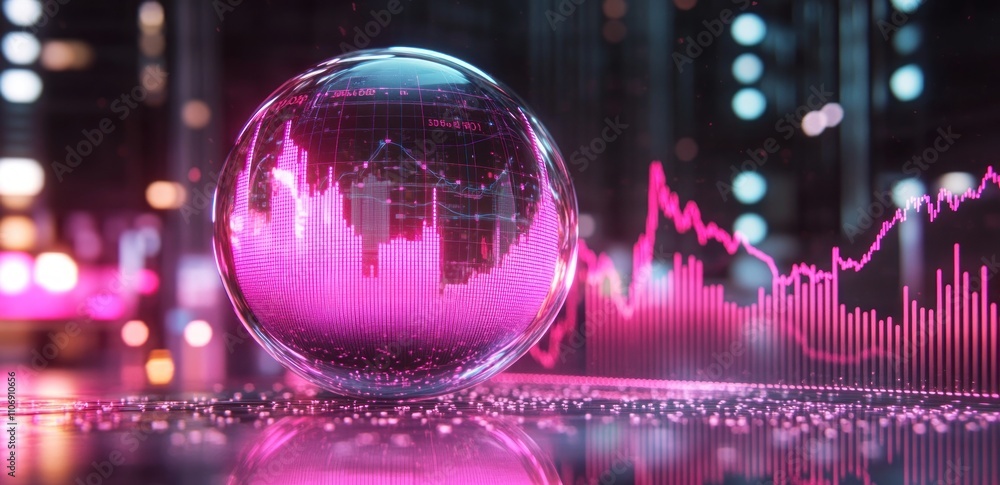 Poster a digital sphere displays financial data trends with vibrant colors and graphs.