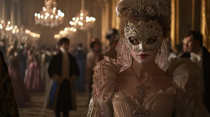 Fotobehang A Venetian masquerade ball with guests wearing dresses and masks, Ai generated images © suriyani