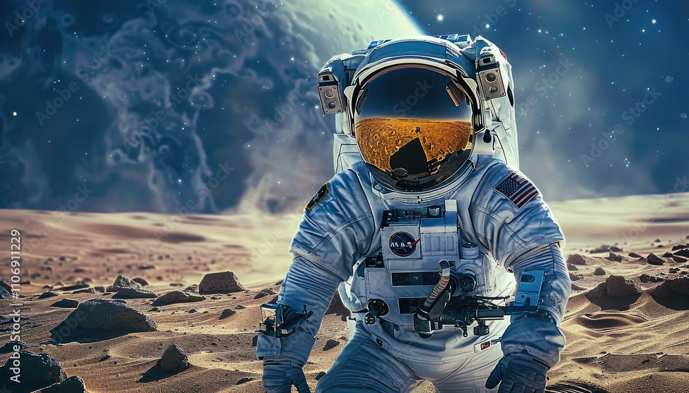 Poster a astronaut is exploring mars, wearing a spacesuit with a helmet, focused expression. the martian su