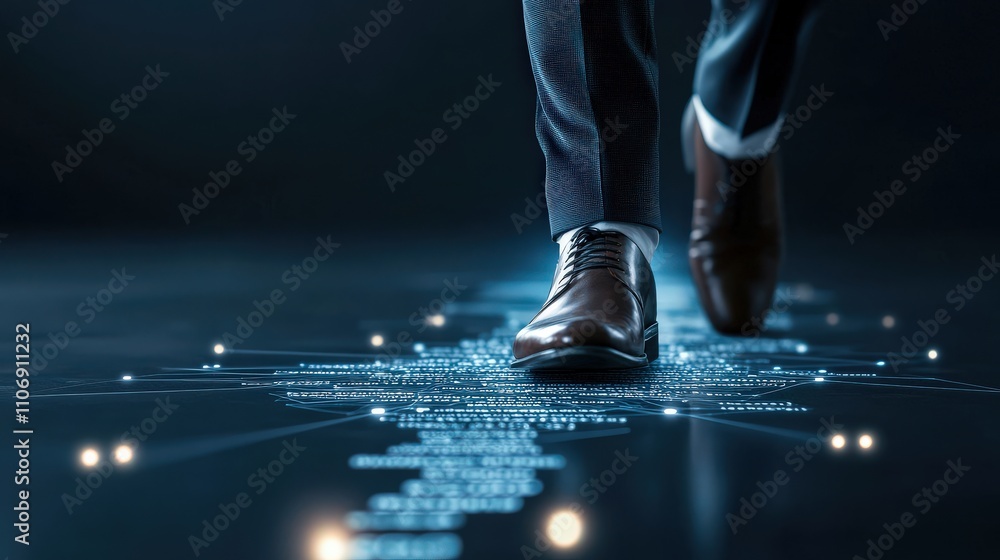 Poster businessman walking on digital pathway with futuristic technology elements representing innovation, 