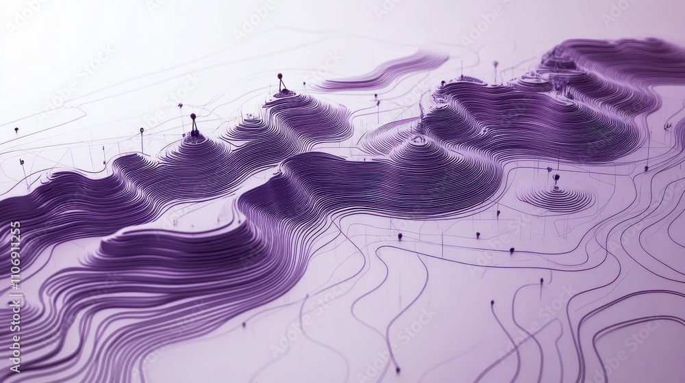 Poster abstract representation of a topographic landscape with flowing lines and peaks in purple hues.
