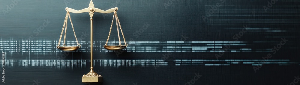 Poster golden scales of justice on a dark background with futuristic digital data patterns representing law