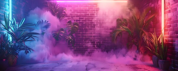 Fototapeta premium Neon Lights Illuminate Tropical Plants Against Brick Wall