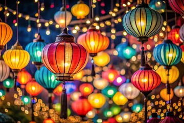 Enchanting Night Sky Filled with Glowing Lanterns Illuminating the Darkness, Creating a Magical Atmosphere with a High Depth of Field Perspective for Stunning Visuals