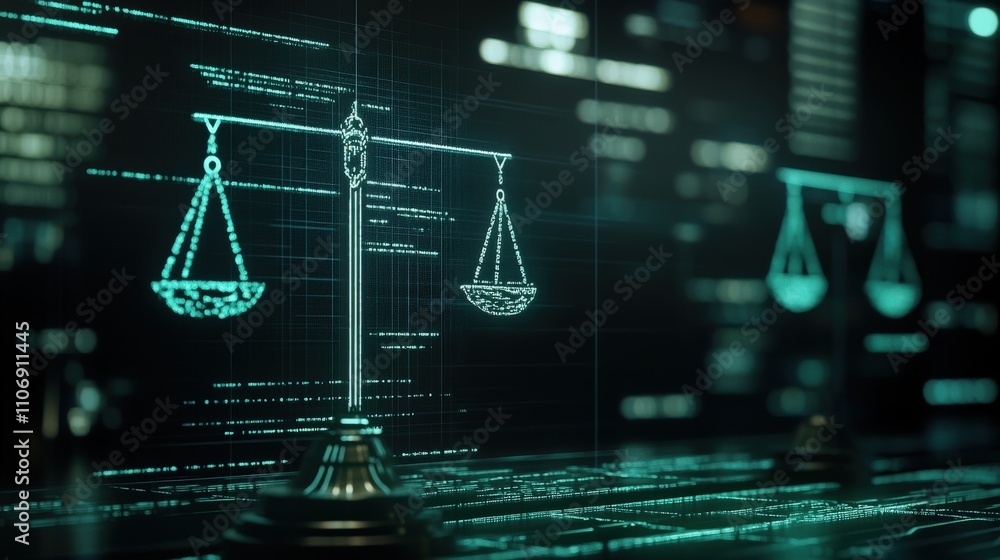 Aufkleber Digital Scales of Justice in a High-Tech Environment Illustrating Law and Technology Integration with Futuristic Elements and Data Visualization in the Background