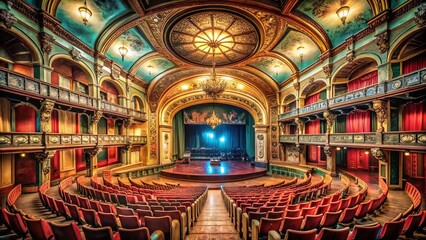 Obraz premium Enchanting Old Theater with Vintage Architecture and Dramatic Lighting, Perfect for Evoking Nostalgia in Film and Performance Art, Capturing the Essence of Timeless Entertainment Scenes