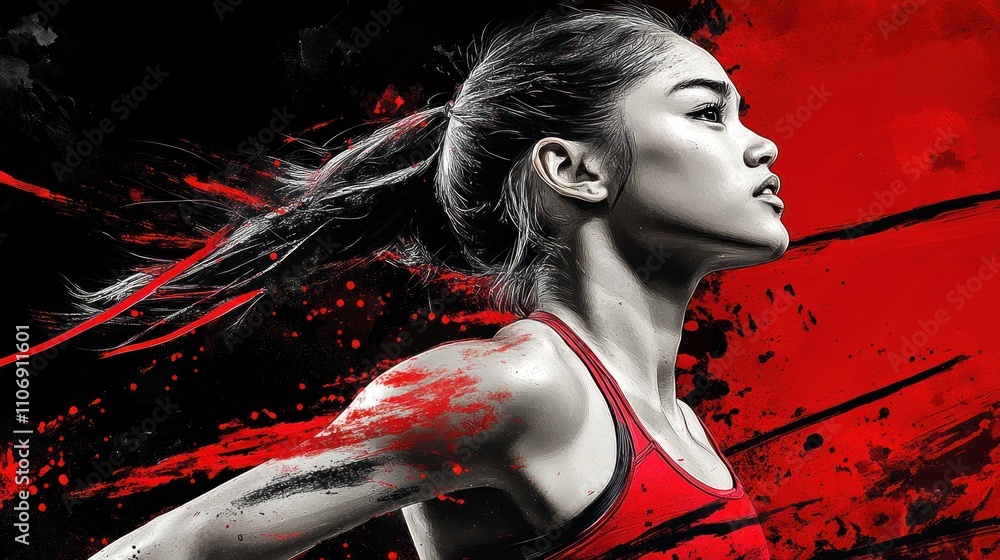 Poster a determined athlete in motion, showcasing strength and focus against a dynamic background.