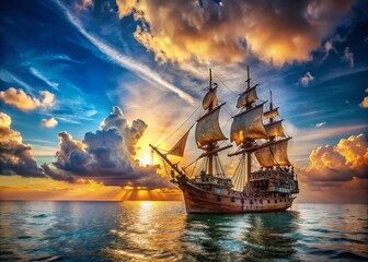 Fototapeta premium Enchanting Pirate Ship Sailing on a Serene Sea with Dramatic Clouds and Distant Island, Ideal for Adventure and Nautical Themes in Stock Photography