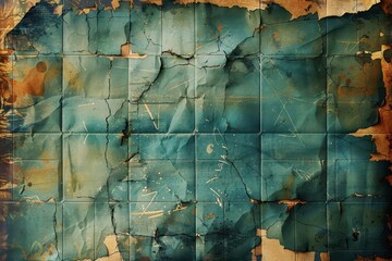 Obraz premium A weathered, textured map featuring shades of blue and brown, showcasing an aged appearance with torn edges and faded details.