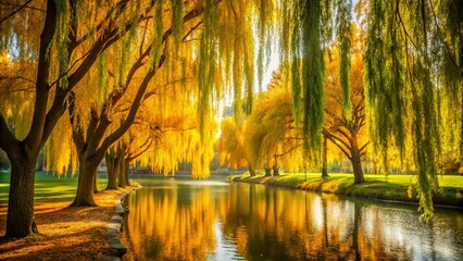 Obraz premium Enchanting Portrait Photography of Golden Willow Trees in Lush Green Park, Capturing Their Graceful Branches and Golden Leaves Under Soft Natural Light