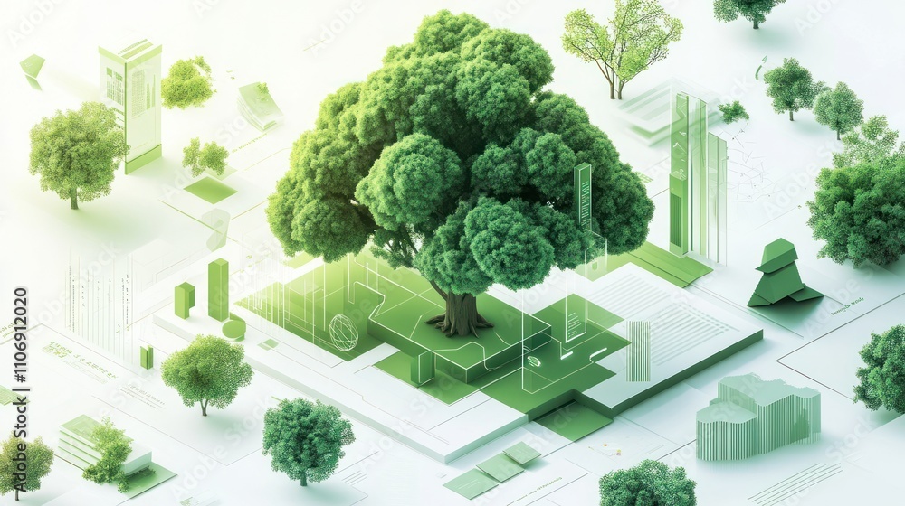Aufkleber a stylized green landscape featuring a large tree amidst geometric structures and greenery.