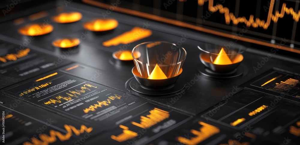 Poster Digital dashboard displaying data with orange highlights and graphical elements.