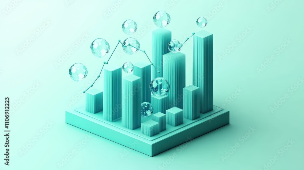 Leinwandbilder 3D bar graph with bubbles and a line chart, representing data analysis and visualization.