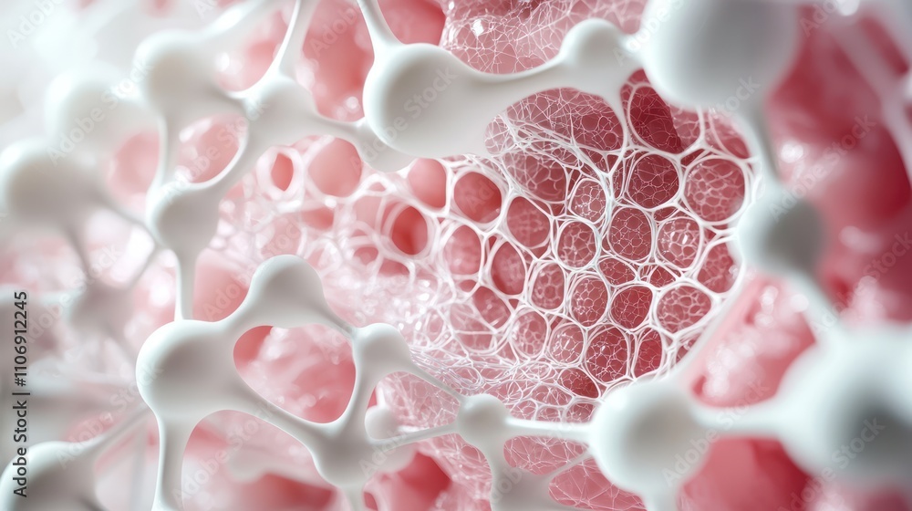 Poster a close-up view of a textured, abstract structure featuring white bubbles interspersed with soft pin