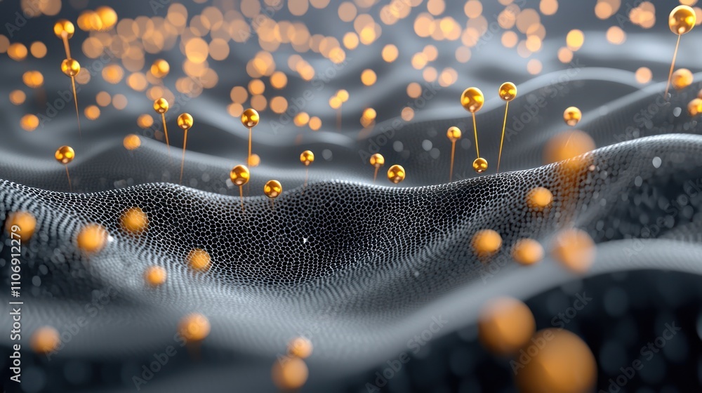 Poster a visually captivating abstract scene featuring golden spheres floating above a textured, wavy surfa