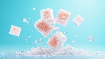 An artistic display of sugar cubes falling through a sparkling pile of sugar against a vibrant blue background.