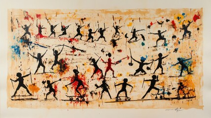 Abstract artwork depicting dynamic figures engaged in various sports and activities.