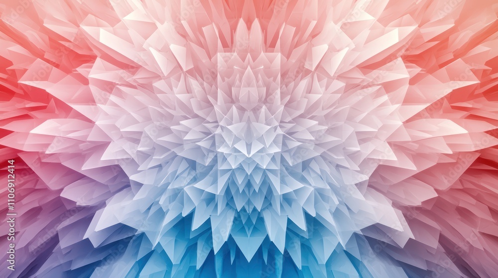 Poster a vibrant, abstract design featuring sharp, layered shapes in gradient shades of red, pink, and blue