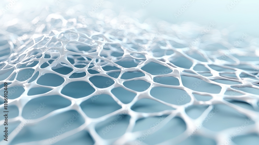 Poster a close-up view of a delicate, intricate network resembling cellular structures, showcasing soft blu