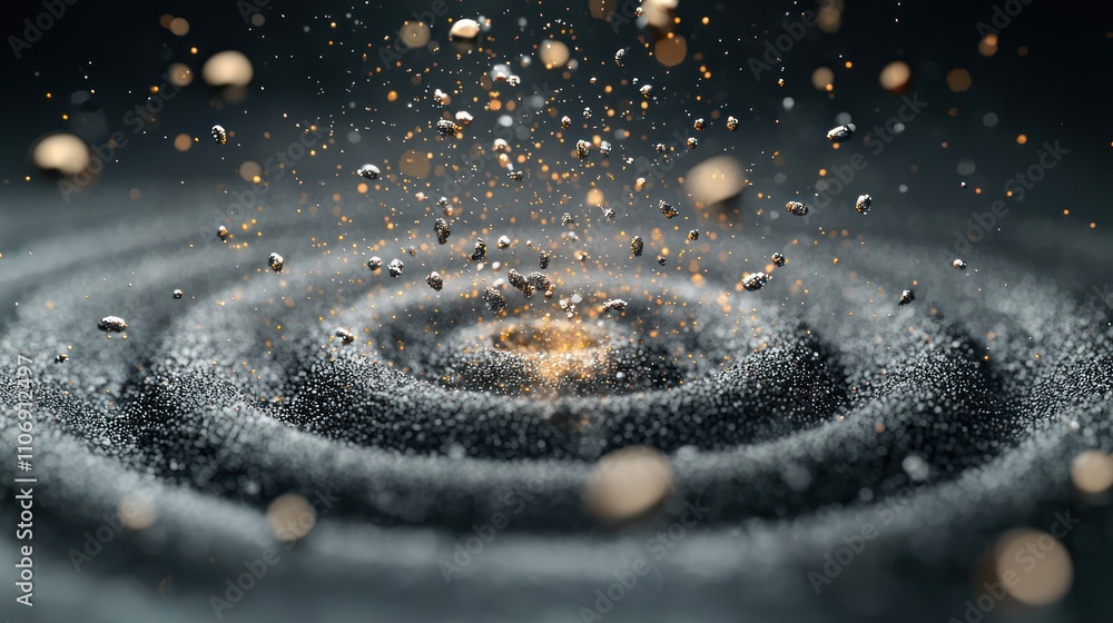 Poster a close-up of a swirling pattern created by droplets or particles in motion, resembling waves or rip