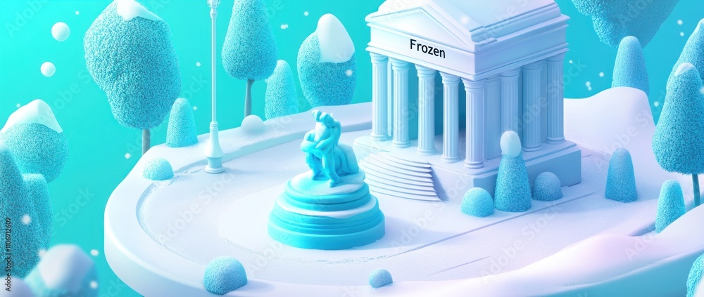 Poster a stylized winter scene featuring a monument and trees in a minimalist design.