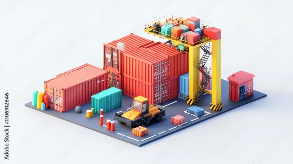 Poster a colorful 3d model of a shipping yard with containers, a forklift, and loading equipment.