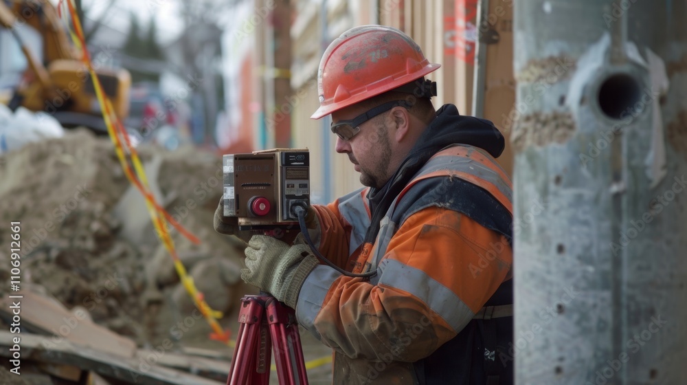 Poster a worker using a laser plumb bob to determine if a column is perfectly perpendicular to the ground.