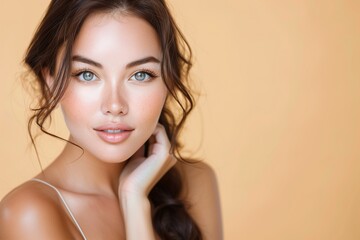Fototapeta premium Beautiful woman poses for a beauty presentation on a light yellow background