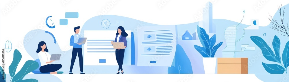 Aufkleber illustration of a collaborative workspace with people engaged in digital tasks.