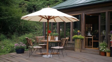 Fototapeta premium A Wooden Patio Set with Umbrella in Front of a Rustic Cabin