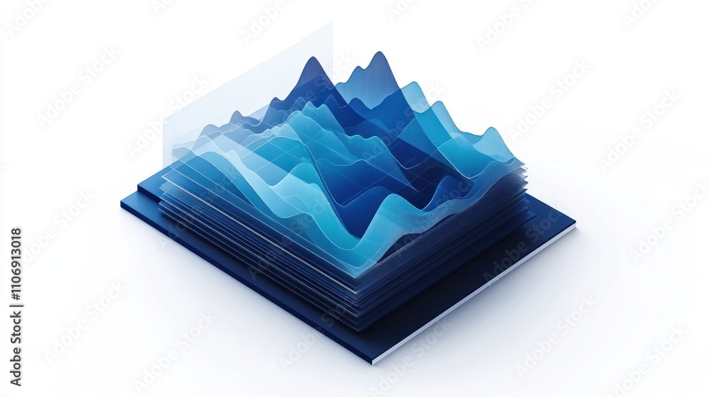 Poster abstract visualization of layered data waves in blue tones, representing complex information.