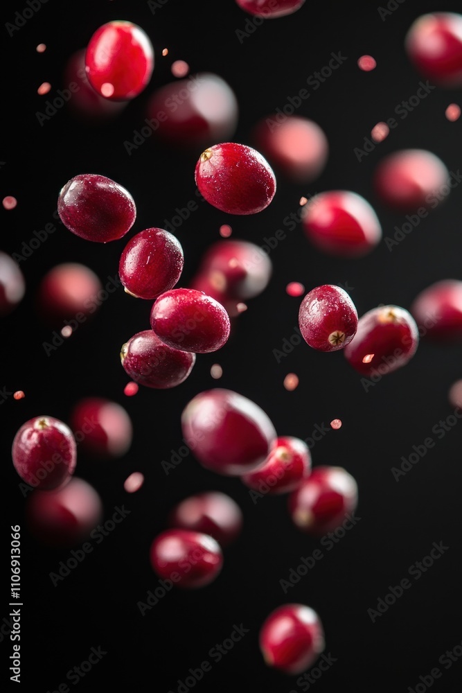 Poster a dynamic display of flying red berries against a dark background.