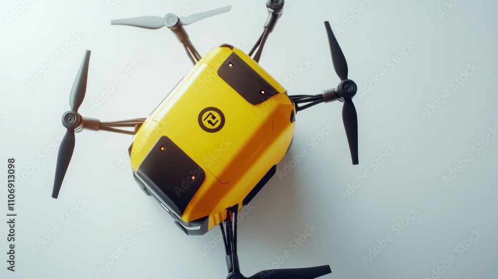 Poster a top-down view of a yellow drone with four propellers, designed for delivery or aerial tasks.