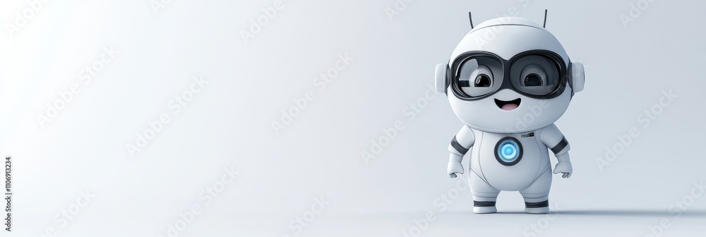 Poster a cute, cartoonish robot character with glasses, designed for friendly interaction.