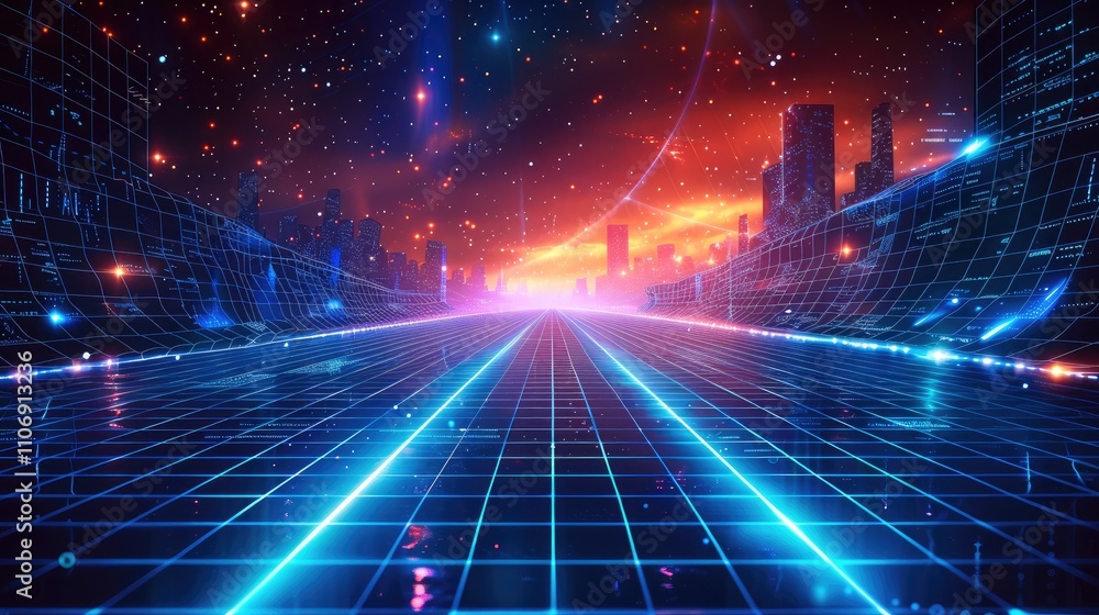 Poster abstract futuristic background with a blue glowing grid and digital elements on a dark background, a