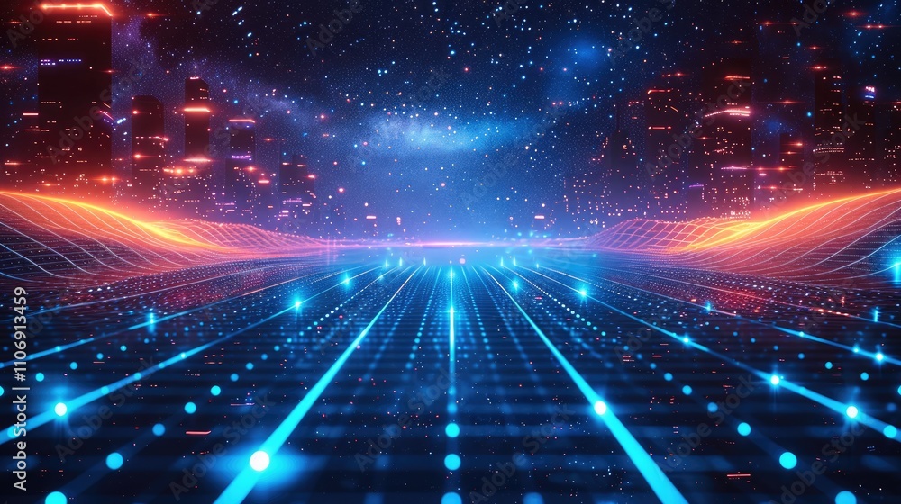 Aufkleber abstract futuristic background with a blue glowing grid and digital elements on a dark background, a
