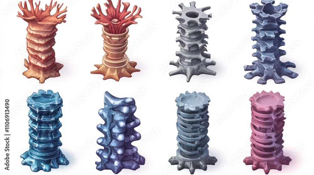 Poster a collection of abstract, tower-like structures with organic forms and varying colors.