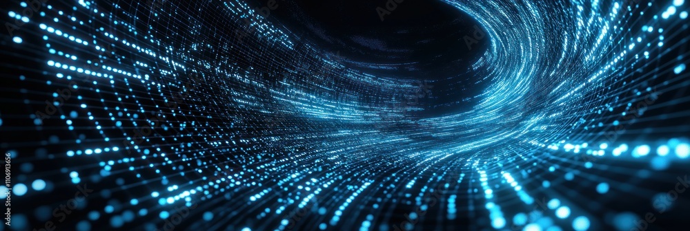Poster a swirling vortex of glowing blue dots representing digital data flow and technology.
