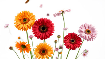 Gerberas and other beautiful flowers in air on white background. Generative AI
