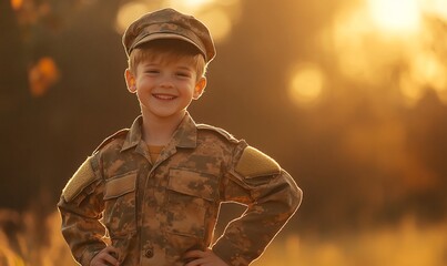 A smiling boy in a camouflage military uniform stands confidently outdoors.