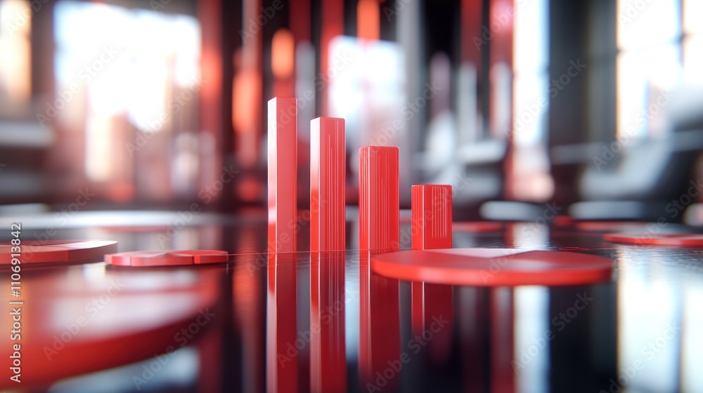Leinwandbilder A modern visual representation of data with red bars and circular shapes on a reflective surface.